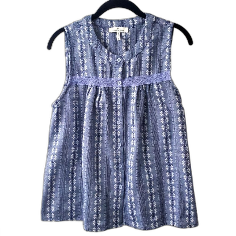 Emmie Rose Sleeveless Blue Floral with Lace Accent Cotton Linen Spring
